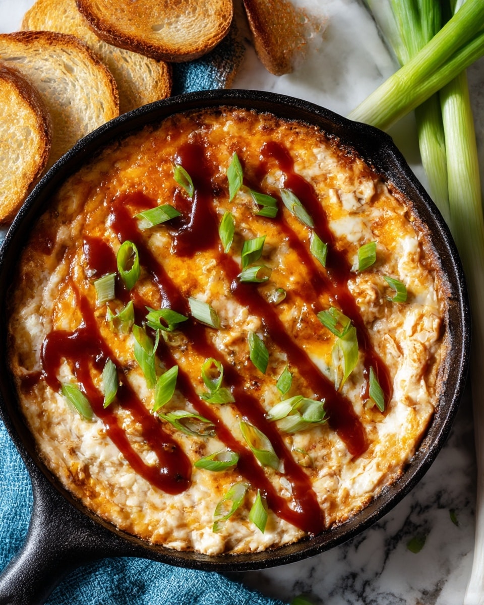 A close-up view of a hot dip served in a black cast iron skillet placed on a white marbled surface. The dip has a base layer of creamy light brown and orange melted cheese mixed with bits of browned, cooked chicken, giving it a textured appearance. It is topped with drizzles of dark reddish-brown barbecue sauce spread unevenly across the surface. Bright green sliced green onions are scattered on top, adding a fresh contrast to the warm colors. In the background, slices of toasted bread with a golden-brown crust rest nearby along with a green onion stalk and a textured blue cloth. photo taken with an iphone --ar 4:5 --v 7