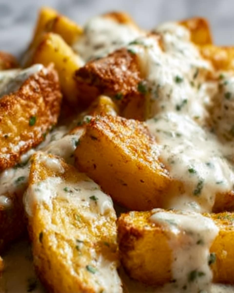 The image shows a close-up of several food pieces that look like small roasted potatoes with a light golden brown color. They are covered with a thick, creamy white sauce with green herbs sprinkled on top, giving a fresh touch. The potatoes have a slightly crispy texture on the outside, and the sauce appears smooth and rich, evenly spread over each piece. The background is a white marbled surface, creating a clean and bright setting. photo taken with an iphone --ar 4:5 --v 7