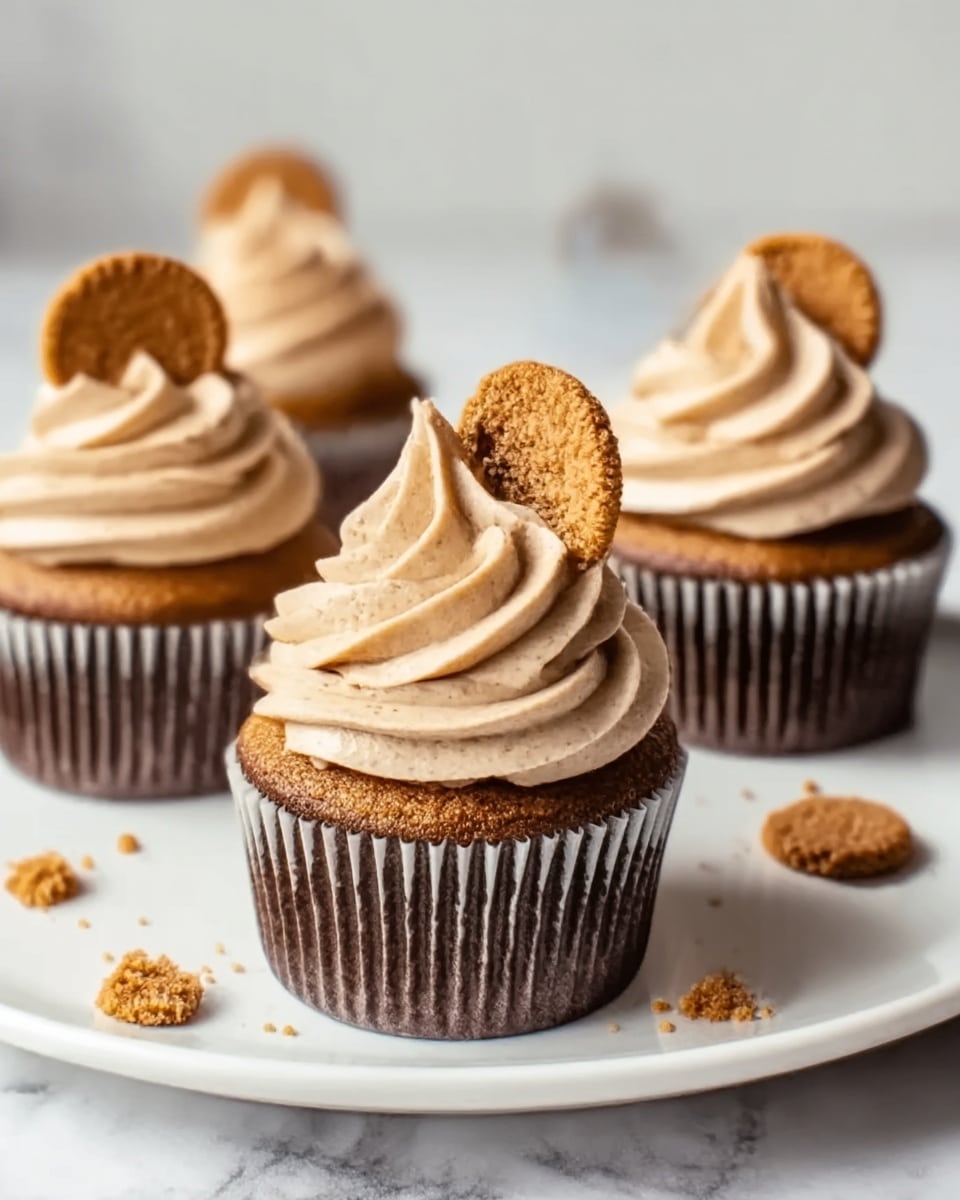 Four cupcakes are arranged on a white plate with a white marbled surface beneath. Each cupcake has a dark brown base with ridged paper liners and a light brown cake layer. On top of the cake, there is a tall swirl of creamy light brown frosting with a smooth texture. Each frosting swirl is topped with a triangular piece of crumbly cookie that is golden brown with small darker spots. Small crumbs are scattered around the cupcakes on the plate. The photo taken with an iphone --ar 4:5 --v 7
