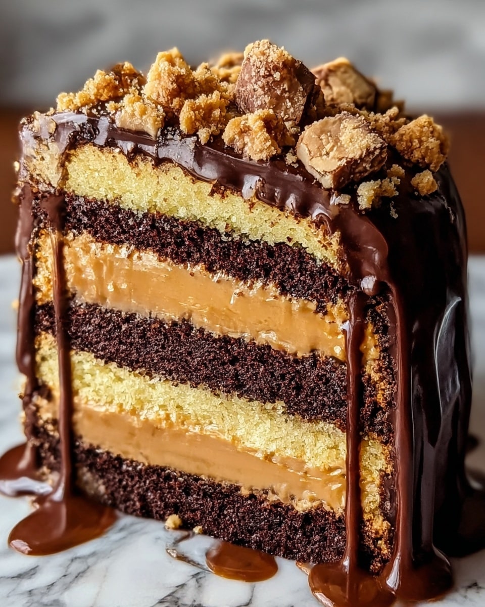The image shows a close-up of a multi-layered cake slice with five visible layers. From top to bottom, the first layer is dark brown and crumbly, followed by a light brown creamy layer. Below that is a darker chocolate layer with a moist texture, then another light brown crumbly cake layer, and finally a thick bottom layer of dark chocolate crumb. The entire slice is covered with glossy dark chocolate ganache that drips down the sides and pools on the white marbled surface beneath. The top is decorated with small chunks of light caramel-colored nuts. photo taken with an iphone --ar 4:5 --v 7