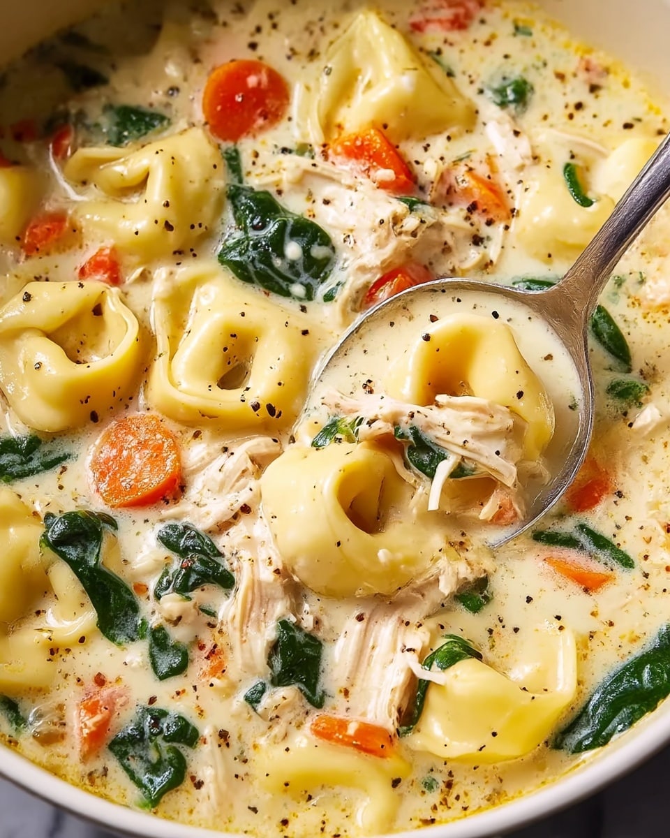 This image shows a creamy soup with several curled tortellini pasta pieces floating on the surface. The broth is light beige and thick, with visible shredded white chicken pieces scattered throughout. There are bright orange carrot slices and dark green spinach leaves spread evenly in the soup. Some ground black pepper is sprinkled on top, adding a speckled dark texture against the creamy broth. A metal spoon is partially dipped into the soup on the right side of the image. The scene is set on a white marbled texture background. photo taken with an iphone --ar 4:5 --v 7