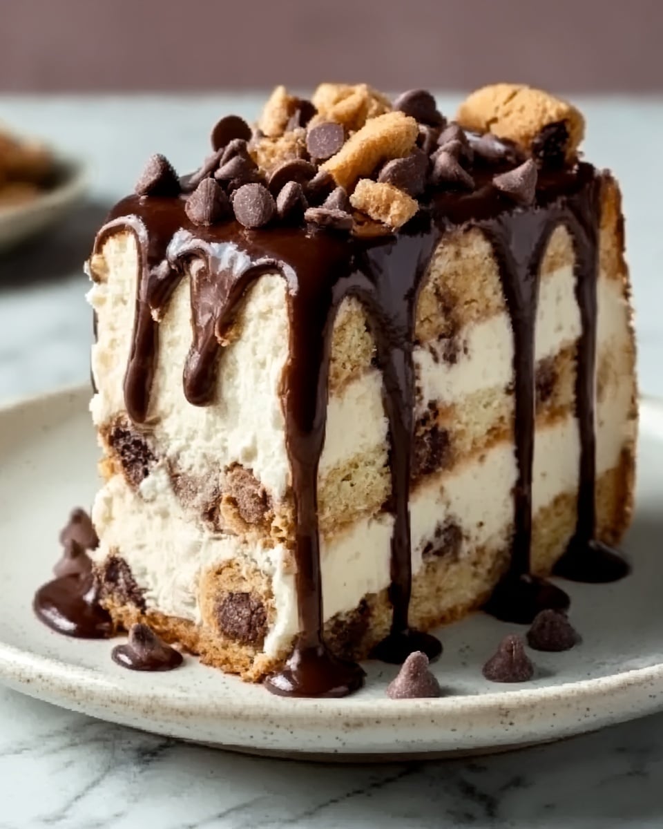 The image shows a tall slice of layered cake on a white plate, sitting on a white marbled surface. The cake has several layers: the bottom layer is light cream mixed with small dark chocolate chunks, the middle layer is smooth and creamy white with little cookie pieces, and the top layer is thick and creamy with swirls of chocolate and topped with mini rolled cookies and chocolate chips. The whole slice is drizzled with dark chocolate sauce flowing down the sides. photo taken with an iphone --ar 4:5 --v 7