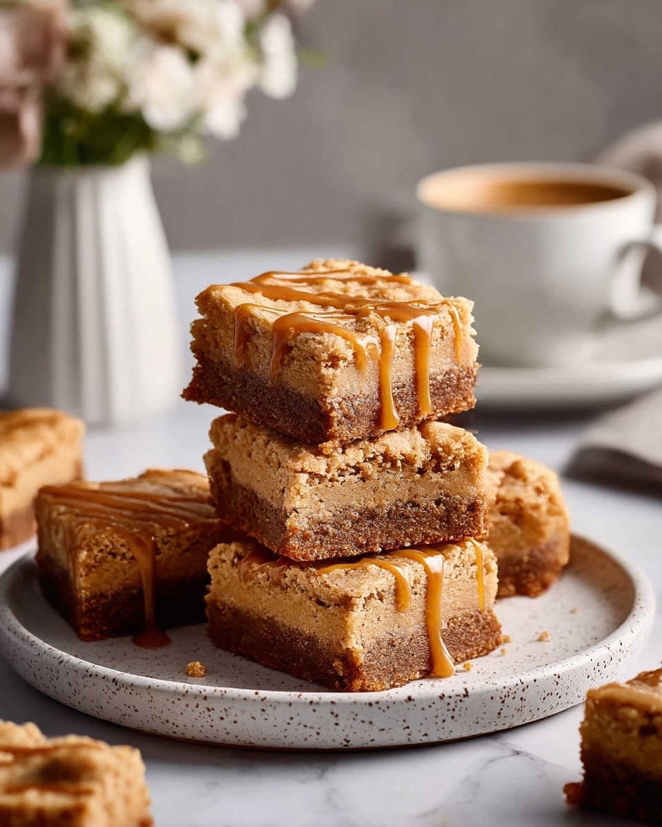 This image shows five square dessert bars stacked on a white plate, each bar having two main layers: a thicker, darker brown base that looks fudgy and slightly crumbly, and a lighter tan top layer with a soft, crumbly texture. The top layer is drizzled with a glossy caramel sauce creating thin wavy lines across each piece. The plate sits on a white marbled surface with some small round cookies scattered nearby. In the blurred background, there is a white cup of coffee and a white vase with flowers, adding a cozy feel to the scene. photo taken with an iphone --ar 4:5 --v 7