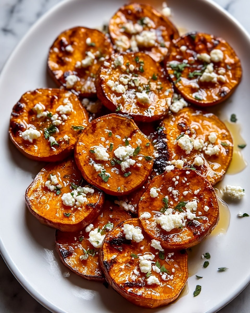A white plate holds many thick round slices of roasted sweet potatoes, each slice showing a rich orange color with dark brown charred spots on the edges, giving a slightly crispy texture. The slices are scattered and overlap slightly, glistening with a shiny glaze of honey or syrup. Small white crumbles of soft cheese are sprinkled over the top, adding a contrast to the orange and brown. Tiny green herb pieces are scattered around, adding fresh color touches. The plate sits on a white marbled surface. photo taken with an iphone --ar 4:5 --v 7