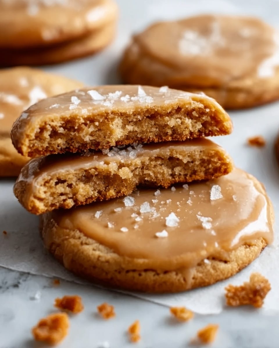 The image shows two round cookies stacked on a white marbled surface, with the top cookie slightly broken to reveal a soft, chewy inside that is light brown and textured, suggesting a rich filling. The cookies have a golden-brown color, topped with a smooth, light beige glaze that appears glossy and thin, with small pieces of coarse salt sprinkled on top. Crumbs are scattered around, adding a rustic feel. Photo taken with an iphone --ar 4:5 --v 7