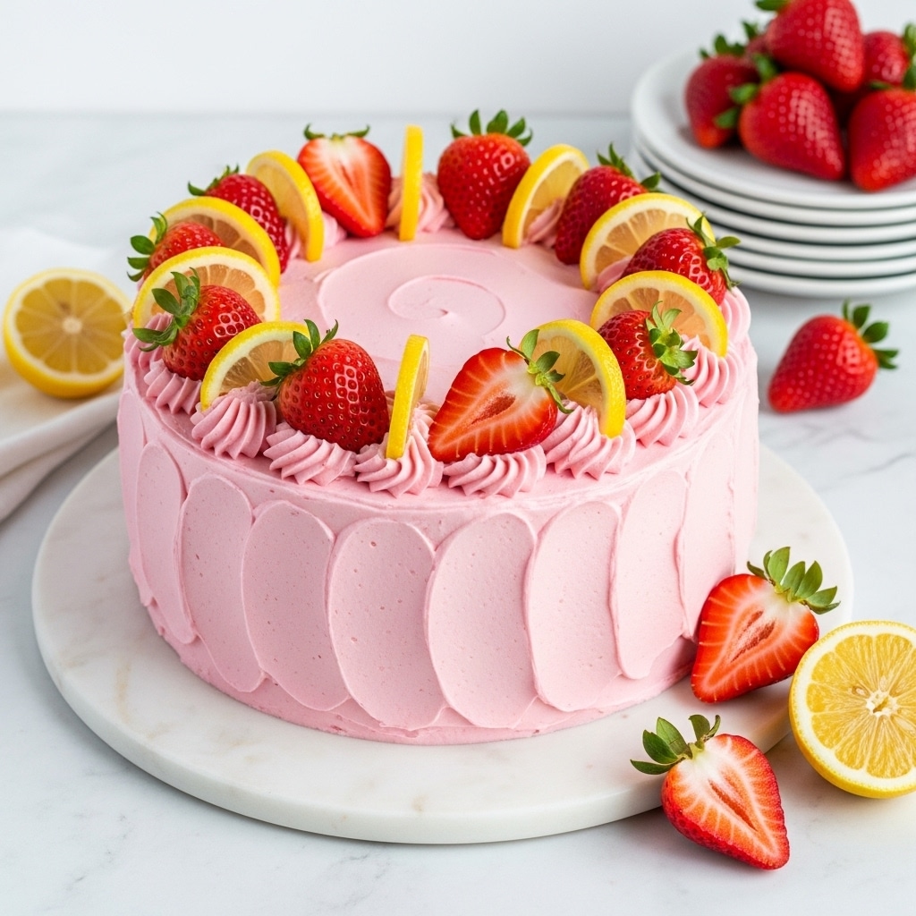 The image shows a four-layer white cake with light pink frosting covering all layers and the outside. The frosting is smooth with soft texture and slightly wavy patterns on the sides. The top edge of the cake is decorated with alternating slices of fresh red strawberries with green tops and thin yellow lemon wedges arranged in a circle. A single slice of cake is cut and slightly pulled out, revealing the pale yellow cake layers separated by the same pink frosting. The cake sits on a white plate on a white marbled surface, with some lemon and strawberry pieces scattered in the background. Photo taken with an iphone --ar 4:5 --v 7