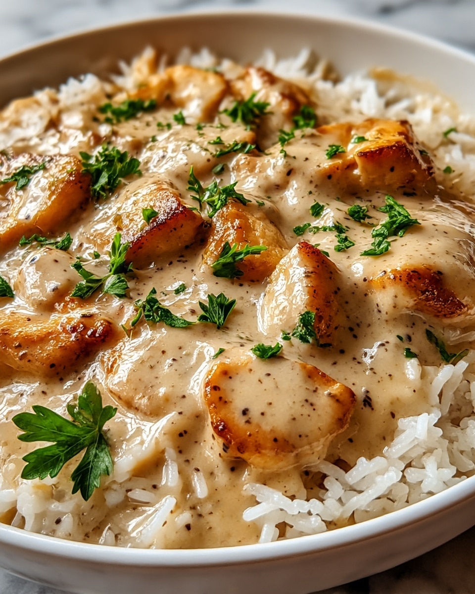 A close-up of a white bowl filled with steamed white rice as the base layer, topped with seared, golden-brown pieces of chicken with a slightly crispy texture. The chicken is covered in a creamy, light beige sauce with visible black pepper specks, giving it a rich and smooth appearance. Fresh green parsley leaves are sprinkled on top, adding a pop of color. The bowl is set on a white marbled surface, highlighting the dish's warm and creamy tones. photo taken with an iphone --ar 4:5 --v 7