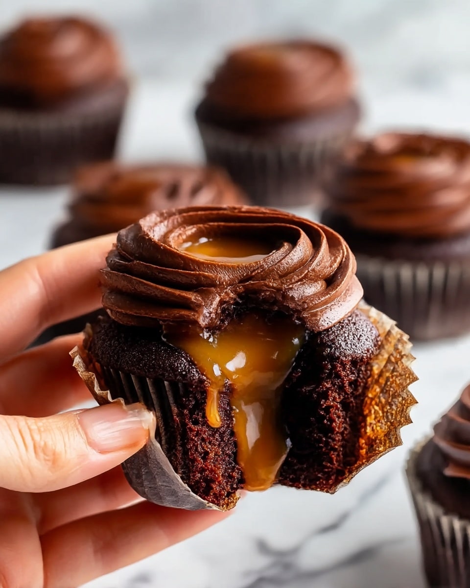 A dark chocolate cupcake held by a woman's hand with the paper wrapper peeled back, revealing a rich and moist cake. The cupcake has a swirl of dark chocolate frosting piped around the edges, forming a circular border. Inside the frosting ring, thick caramel sauce is oozing down slightly, glossy and smooth, with a warm golden color. In the background, more similar cupcakes sit on a white marbled surface, softly blurred. photo taken with an iphone --ar 4:5 --v 7
