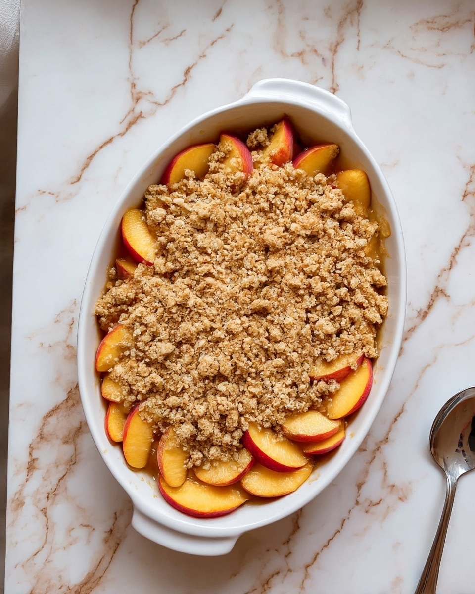 The image shows a white oval baking dish filled with a peach crumble dessert. The bottom layer consists of peach slices with an orange-yellow color and red edges, arranged evenly around the dish, mostly visible along the sides. On top, there is a thick, rough crumble layer, light brown with some sugar and cinnamon granules, giving a grainy texture. The dish is placed on a white marbled surface with brown veins, and a silver spoon lies nearby on the right side. The scene has a cozy, fresh-baked feel. photo taken with an iphone --ar 4:5 --v 7