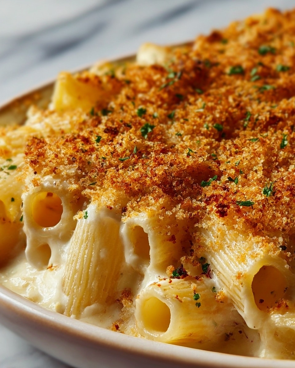 Close-up of baked pasta with three main layers visible; the base layer is creamy white cheese sauce surrounding tubular pasta pieces with ribbed textures and pale yellow color. On top, a thick layer of golden brown, toasted breadcrumbs evenly covers the pasta, sprinkled with small green herb pieces. The dish is served in a white bowl with a white marbled surface visible in the background. photo taken with an iphone --ar 4:5 --v 7