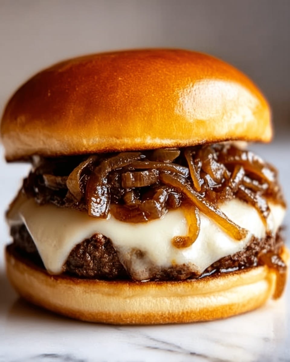 The image shows a close-up of a juicy cheeseburger with a shiny, soft golden brown bun on top and bottom. Inside, there is a thick, dark brown beef patty covered with melted white cheese that stretches slightly over the edges. On top of the cheese and beef, there are glossy, cooked caramelized onions adding a rich brown color and smooth texture. The sandwich sits against a clean, white marbled background. Photo taken with an iphone --ar 4:5 --v 7
