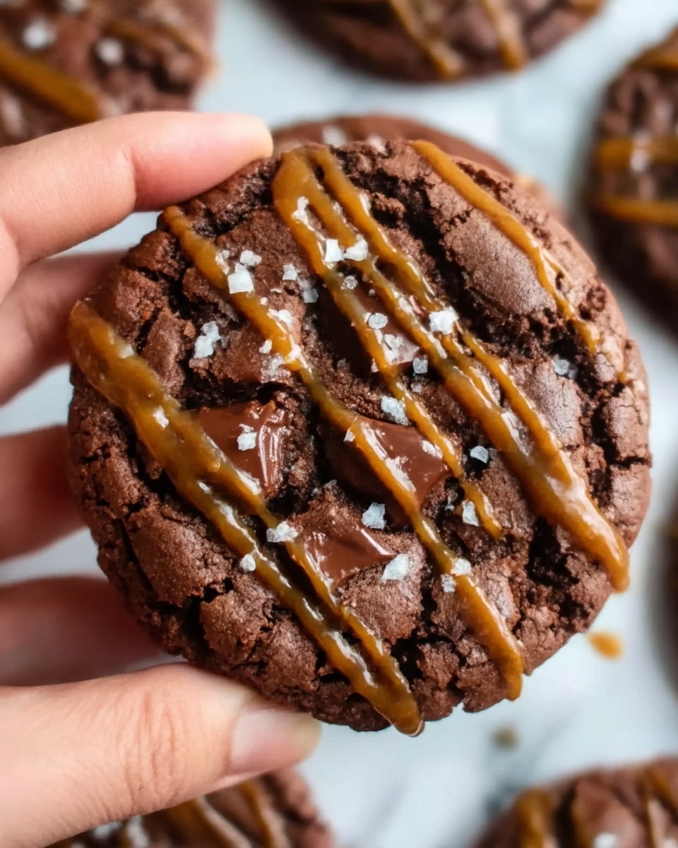 A close-up of a thick, round chocolate cookie with a cracked surface showing melted chocolate chunks inside. The cookie is drizzled with caramel sauce in thin lines across the top and sprinkled with coarse sea salt. A woman's hand is holding the cookie near the edge, with parts of two more cookies blurred in the white marbled background below. The overall colors are dark brown from the chocolate and light brown from the caramel, with a shiny texture from the melted chocolate and sauce. photo taken with an iphone --ar 4:5 --v 7