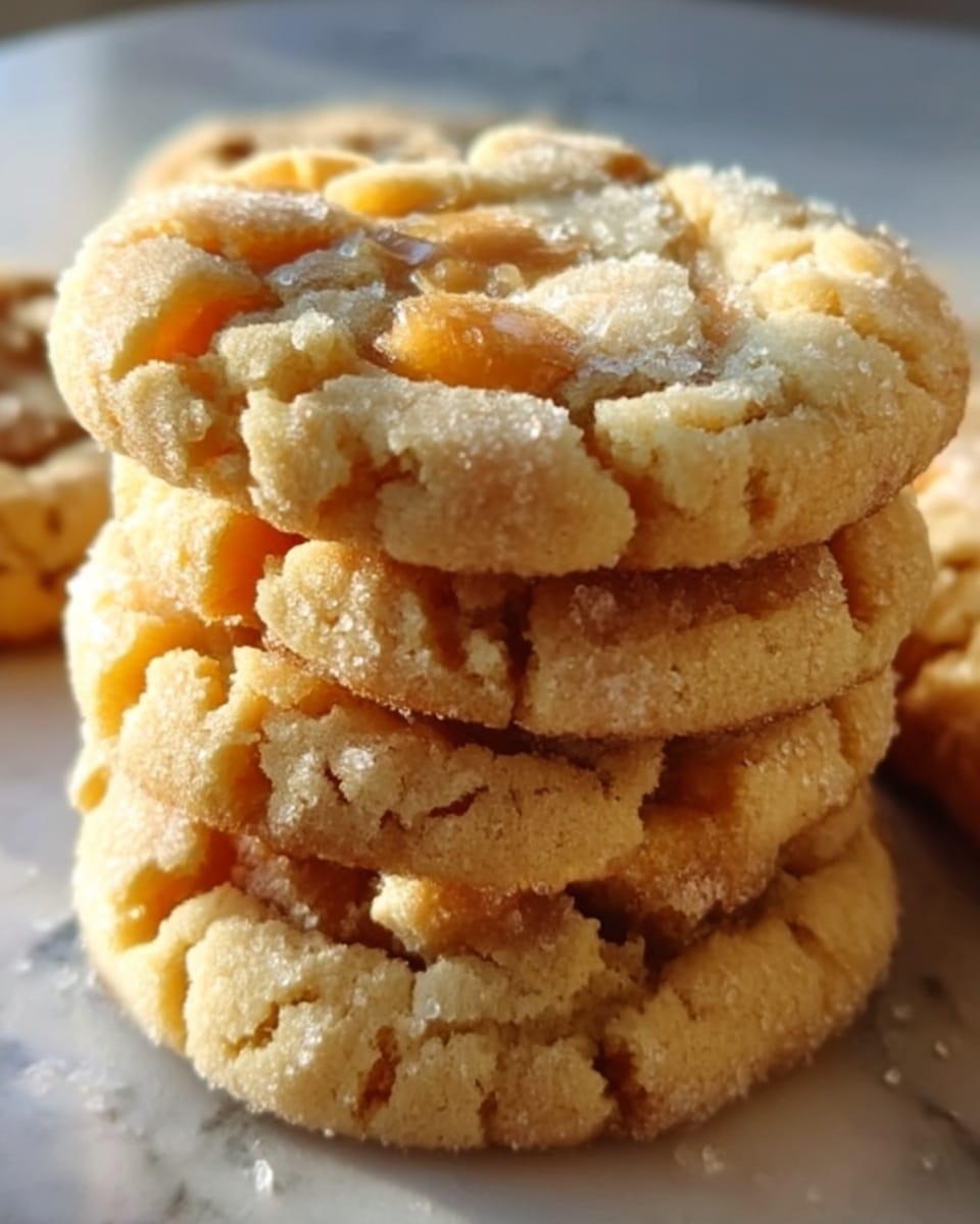 A close-up of a stack of soft, cracked cookies with a light golden-brown color, showing a crumbly texture on the outside and slightly gooey inside layers. The cookies have visible cracks and a sugar dusting on top, placed on a white marbled surface with warm lighting that highlights their texture and softness. Photo taken with an iphone --ar 4:5 --v 7