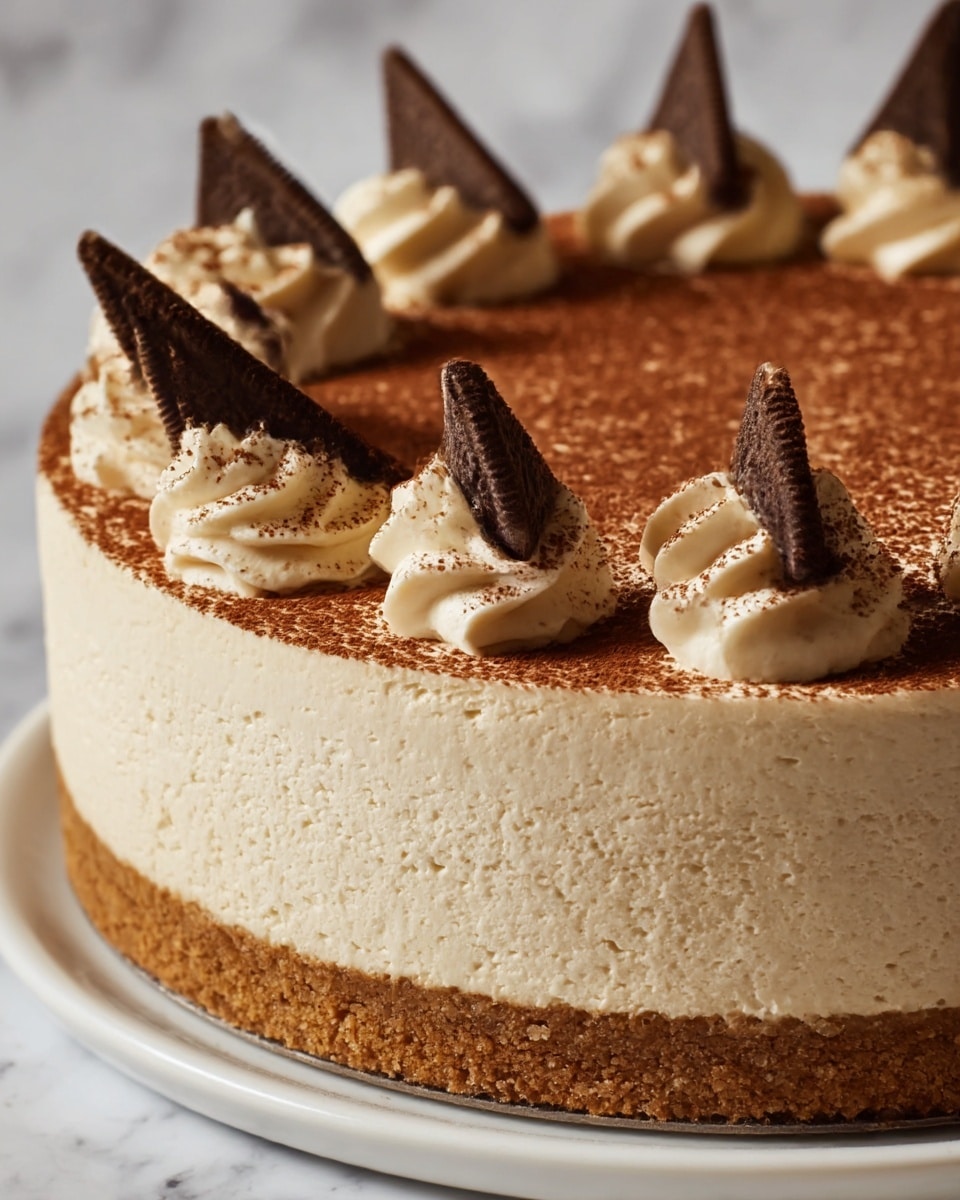 The image shows a multi-layered cheesecake on a white plate. The bottom layer is a thick, crumbly brown crust. Above it, there is a thick, smooth, creamy pale beige cheesecake layer. The top surface is dusted with a fine layer of cocoa powder giving it a rich brown color. Around the edge, there are evenly spaced swirls of light beige whipped cream, each topped with a triangular chocolate cookie piece inserted upright. The whipped cream swirls are sprinkled lightly with cocoa powder. The background is a white marbled texture. photo taken with an iphone --ar 4:5 --v 7