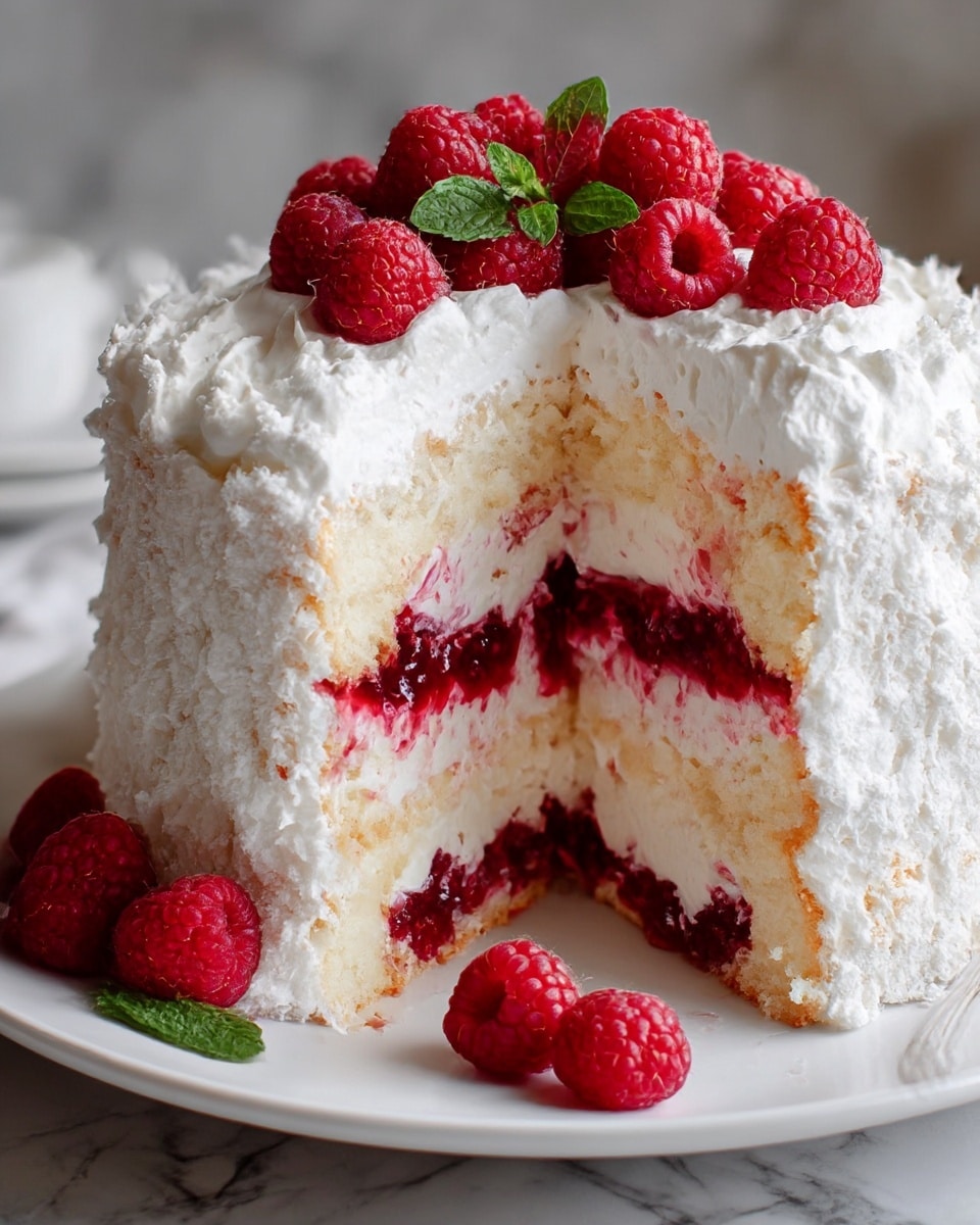 A white sponge cake with a rough, crumbly texture on the outside is cut open to show three layers: the bottom and top layers are soft and pale, while the middle layer is filled with bright red raspberry jam mixed with whipped cream. The top of the cake is covered with a thick layer of whipped cream and fresh whole raspberries, some with a small green mint leaf. A few raspberries sit on the white plate around the cake. The background is a white marbled texture. photo taken with an iphone --ar 4:5 --v 7