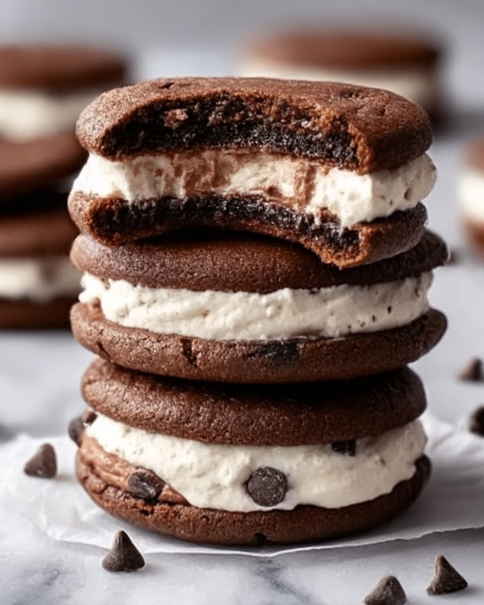 A stack of three chocolate sandwich cookies filled with creamy white filling is shown on a white marbled surface. The cookies are thick and soft-looking with visible chocolate chips on the bottom cookie. The top cookie has a bite taken out of it, revealing the rich dark chocolate inside along with the creamy layer. The creamy filling between each cookie is thick and smooth. The cookies have a slightly rough texture, and the chocolate chips are visible on the filling layers too. Photo taken with an iphone --ar 4:5 --v 7