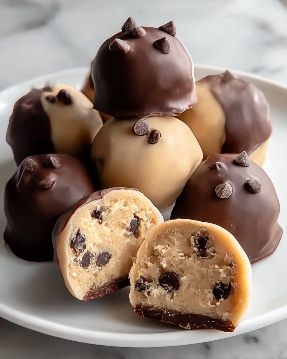 A white plate holds several round cookie dough truffles, some coated in smooth dark chocolate covering half or more of their light beige dough body, while others are fully coated in dark chocolate with small chocolate chips on top. Two truffles in front are cut in half, showing three layers: a thick outer layer of light beige cookie dough with chocolate chips mixed in, a thin base layer of solid dark chocolate, and small visible chocolate chips embedded inside the dough. The truffles have a soft, crumbly texture inside and a glossy chocolate finish outside. The scene is set on a white marbled surface with soft, natural light highlighting the smooth and crumbly textures. photo taken with an iphone --ar 4:5 --v 7