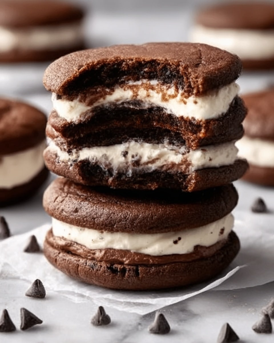 The image shows a stack of three chocolate sandwich cookies with a creamy vanilla filling. Each cookie has two thick, dark brown chocolate layers with a soft texture, and the cream filling appears smooth and white with a slightly fluffy look. The cookies are placed on a white marbled surface with small chocolate chips scattered around. A bitten top cookie reveals the soft inside of the chocolate layer and the creamy filling. The whole stack looks moist and rich in chocolate color. Photo taken with an iphone --ar 4:5 --v 7