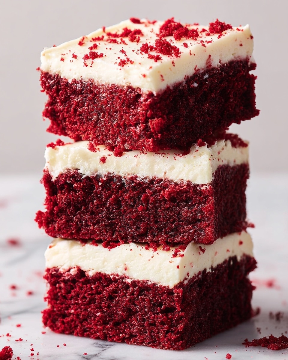 A close-up of a stack of three thick red velvet cake squares with a creamy white frosting layer on top of each cake layer. The red cake layers have a moist, dense texture with visible crumbs, while the smooth frosting layers have a soft, fluffy look with some crumbs sprinkled on top. The cakes are placed on a white marbled surface with some red crumbs scattered around. Photo taken with an iphone --ar 4:5 --v 7