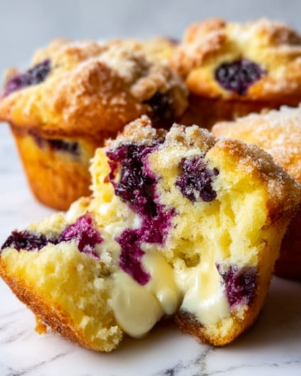 The image shows close-up blueberry muffins with crumbly tops dusted with sugar. One muffin is broken open in the front, revealing soft yellow inside with melted white cream cheese and dark purple blueberry filling swirled through. The muffins are placed on a white surface with a white marbled texture. The texture of the muffin looks moist and fluffy, with bits of blueberries visible throughout. Photo taken with an iphone --ar 4:5 --v 7
