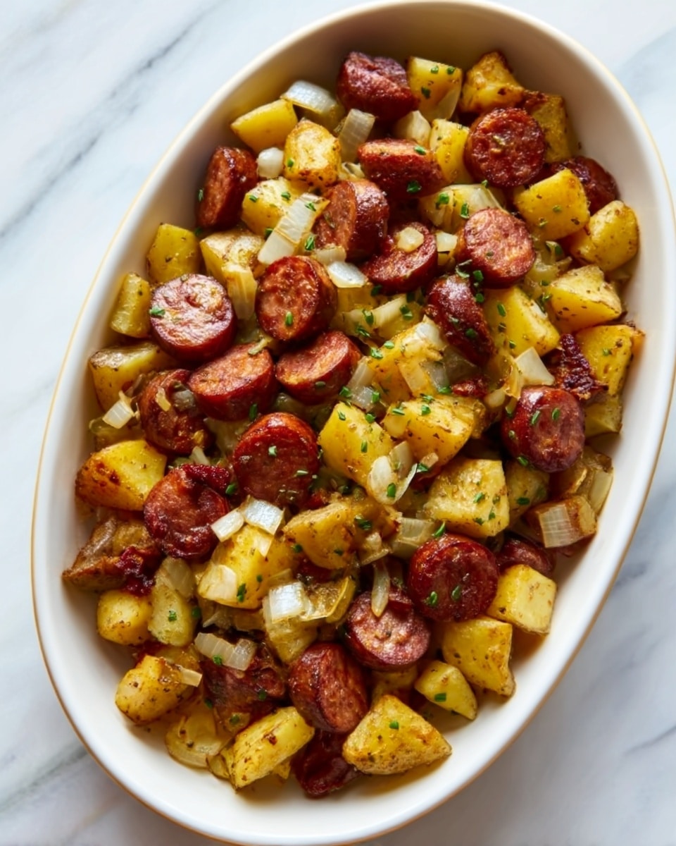 The dish shows a white oval bowl filled with a mix of browned sausage slices, cubed golden potatoes, and small white onion pieces, all cooked and lightly seasoned with green herbs scattered on top. The sausage pieces have a crispy, dark reddish-brown outside, the potatoes are soft with a roasted yellow color and slightly crispy edges, and the onions add a soft, translucent texture. The bowl sits on a white marbled surface. photo taken with an iphone --ar 4:5 --v 7