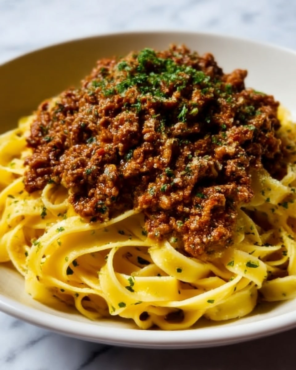 The image shows a white bowl filled with tagliatelle pasta topped with a thick layer of brown meat sauce mixed with some green herbs. The pasta is yellow with a smooth texture and is neatly swirled in the bowl beneath the meat sauce. Small bits of green parsley garnish the top, adding a fresh look. The bowl sits on a white marbled surface, creating a clean and bright background. photo taken with an iphone --ar 4:5 --v 7