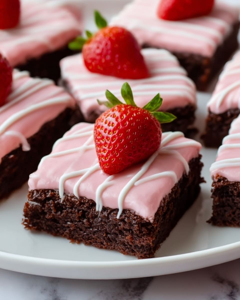 A close-up view of several chocolate brownies cut into squares on a white plate, each topped with a smooth layer of pink frosting with a slightly shiny texture. The frosting is decorated with thin, white drizzle lines evenly spaced across each brownie. On top of every brownie is a whole, fresh strawberry with bright red color and green leaves, placed at the center. The plate rests on a white marbled surface, creating a clean and fresh background. photo taken with an iphone --ar 4:5 --v 7