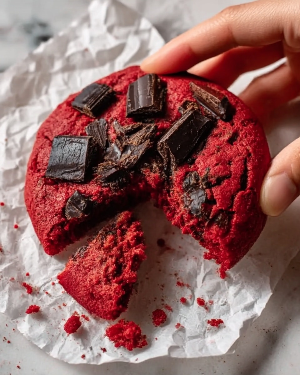A close-up of a bright red cookie with a rough texture, topped with large pieces of dark chocolate scattered unevenly on top. The cookie is broken, showing its soft, crumbly inside in a lighter red shade. It sits on crumpled white parchment paper over a white marbled surface, with some crumbs spread around. A woman's hand is reaching toward the cookie from the right side. Photo taken with an iphone --ar 4:5 --v 7