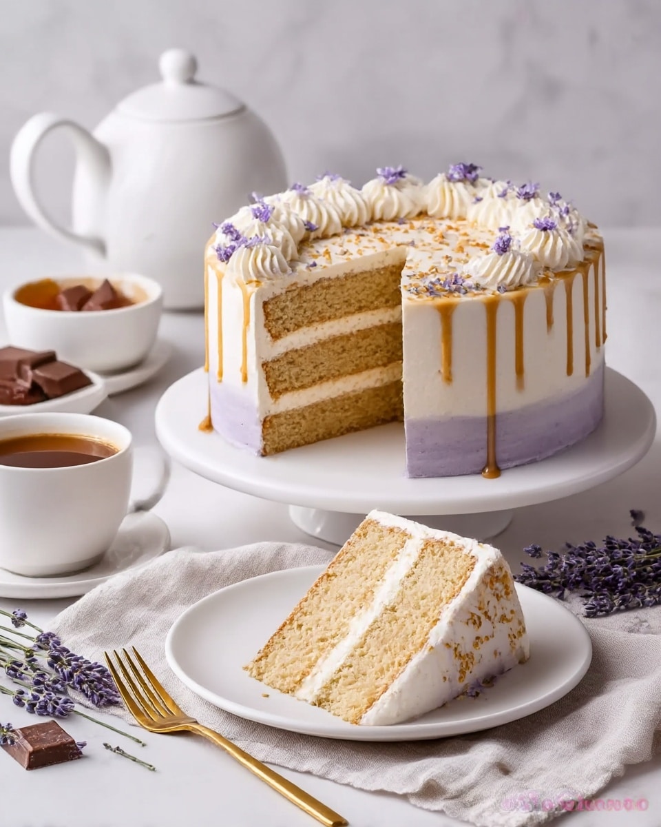 A three-layer cake sits on a white cake stand, with visible light brown sponge layers separated by creamy white frosting. The outside of the cake is smooth white frosting with a light purple tint near the bottom edge. On top, there is a swirl of white frosting decorated with small purple flowers and light brown sprinkles around the edge, with light brown syrup dripping down the sides. In front of the cake, a slice rests on a white plate, showing the same layers and topped with a small white frosting swirl and purple flower. The setting includes a white teapot, a white cup with coffee, a white bowl with chocolate pieces, and sprigs of lavender on a white marbled surface. A gold fork lays near the plate on a light fabric. photo taken with an iphone --ar 4:5 --v 7