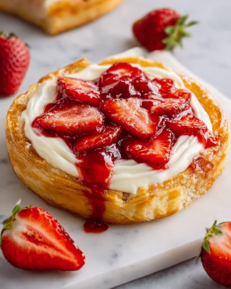 A golden-brown round pastry with flaky layers is topped with a thick white cream layer and bright red strawberry slices and strawberry sauce in the center. The cream spills slightly onto the pastry edges, and the shiny strawberry sauce adds a glossy finish. The pastry rests on a white plate with a white marbled surface underneath, with a few whole strawberries nearby for decoration. Photo taken with an iphone --ar 4:5 --v 7