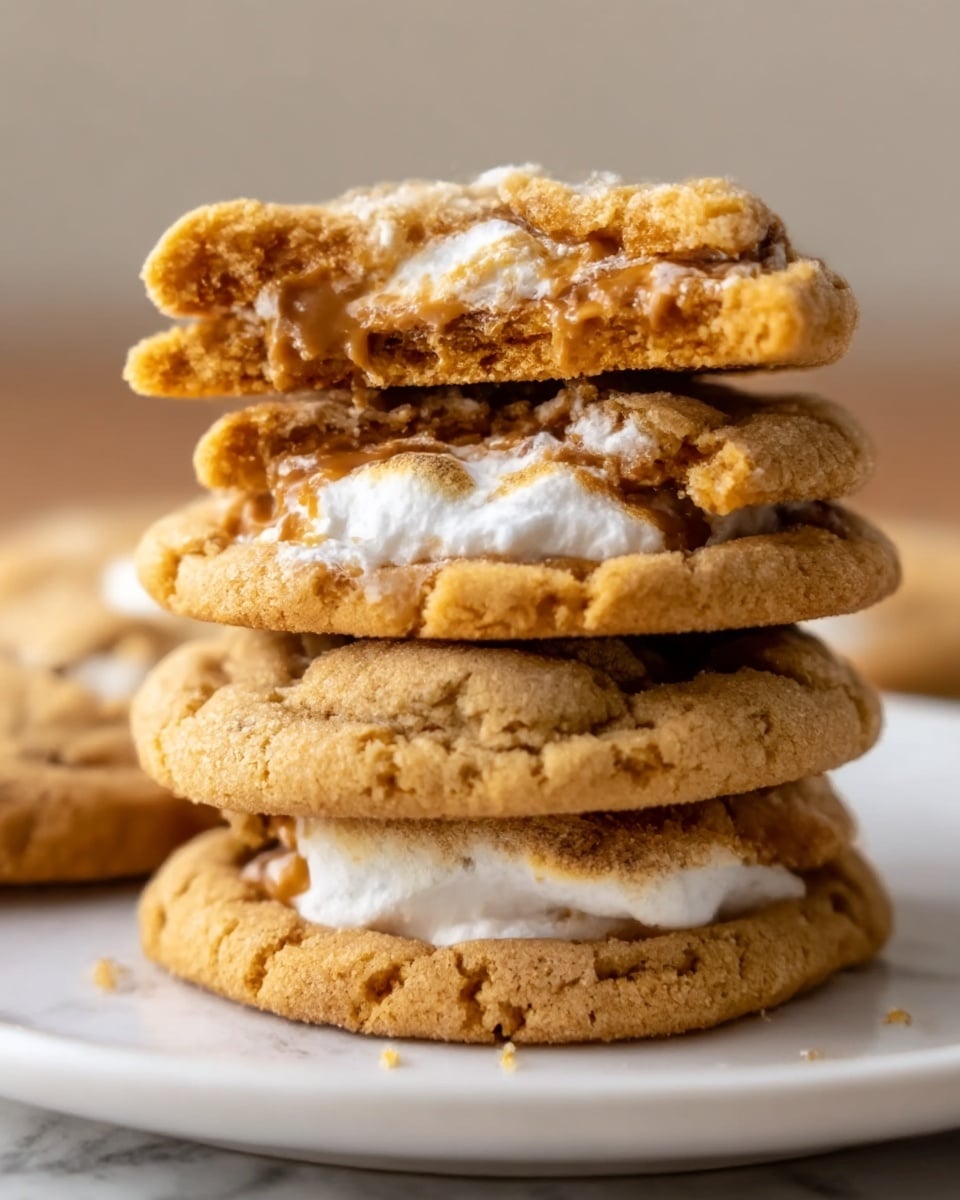 A stack of five soft cookies is placed on a white plate over a white marbled surface. The cookies have a light golden brown color, with visible cracks and a slightly chewy texture. The top cookie is broken in half, showing a gooey melted marshmallow layer inside along with some caramel or chocolate filling. The marshmallow is white and fluffy, while the filling is a darker brown, contrasting with the lighter cookie dough. The image captures the warm and soft look of the cookies up close. Photo taken with an iphone --ar 4:5 --v 7