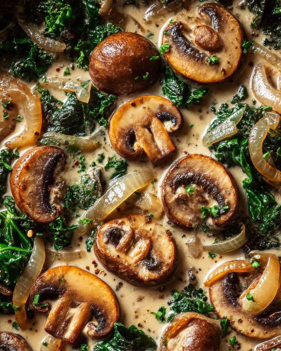 The image shows a close-up view of cooked mushrooms, kale, and caramelized onions in a creamy sauce. The mushrooms are browned with a slightly crisp edge, showing different sizes and a mixture of whole and halved pieces. The kale is dark green and slightly wilted, scattered evenly among the mushrooms and onions. The caramelized onions are translucent light brown strips spread throughout. The creamy sauce has a light beige color and a smooth, slightly thick texture surrounding all the ingredients. Small specks of black pepper and green herbs are sprinkled on top, adding contrast to the dish. The photo taken with an iphone --ar 4:5 --v 7