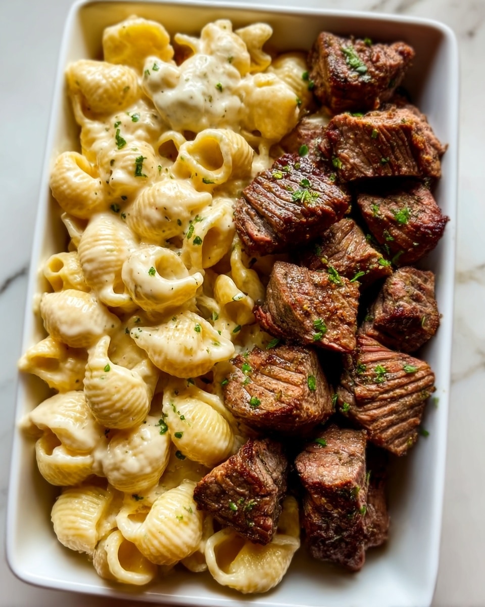 The image shows a white rectangular dish filled with two distinct layers of food. On the left side, there is creamy, pale yellow macaroni and cheese with shell-shaped pasta coated smoothly in a cheese sauce, topped with small green parsley flakes. On the right side, there are several pieces of browned, grilled steak chunks with a slightly crispy texture and garnished lightly with green herbs. The dish sits on a white marbled surface, and the lighting highlights the rich colors and textures of both the pasta and the steak. Photo taken with an iphone --ar 4:5 --v 7