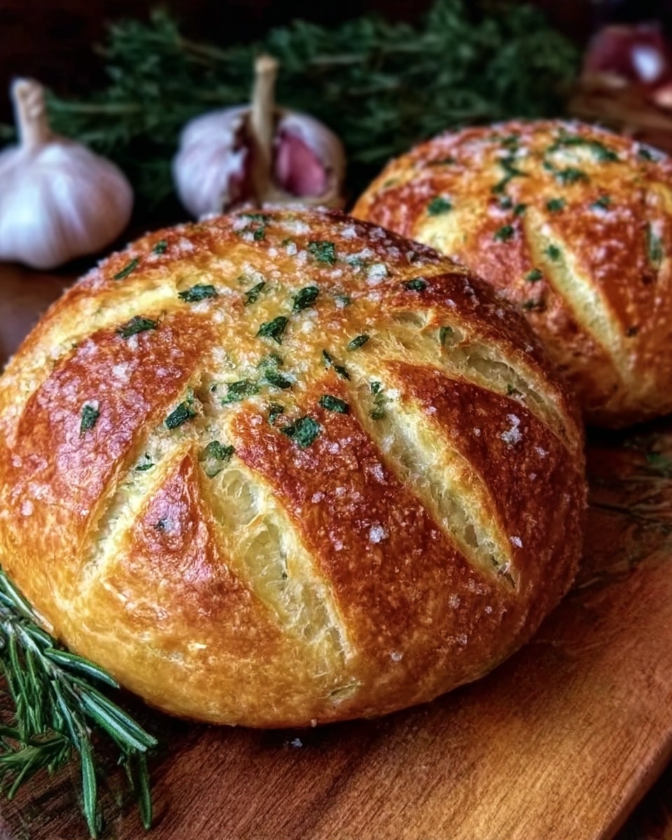 Two round breads are shown, each with a golden-brown crust covered with coarse salt and small green herb pieces on top. The crust has a crispy, shiny texture with deep cuts visible on the surface. The breads rest on a wooden board with rosemary sprigs nearby and a blurred background showing garlic bulbs and other greenery. photo taken with an iphone --ar 4:5 --v 7