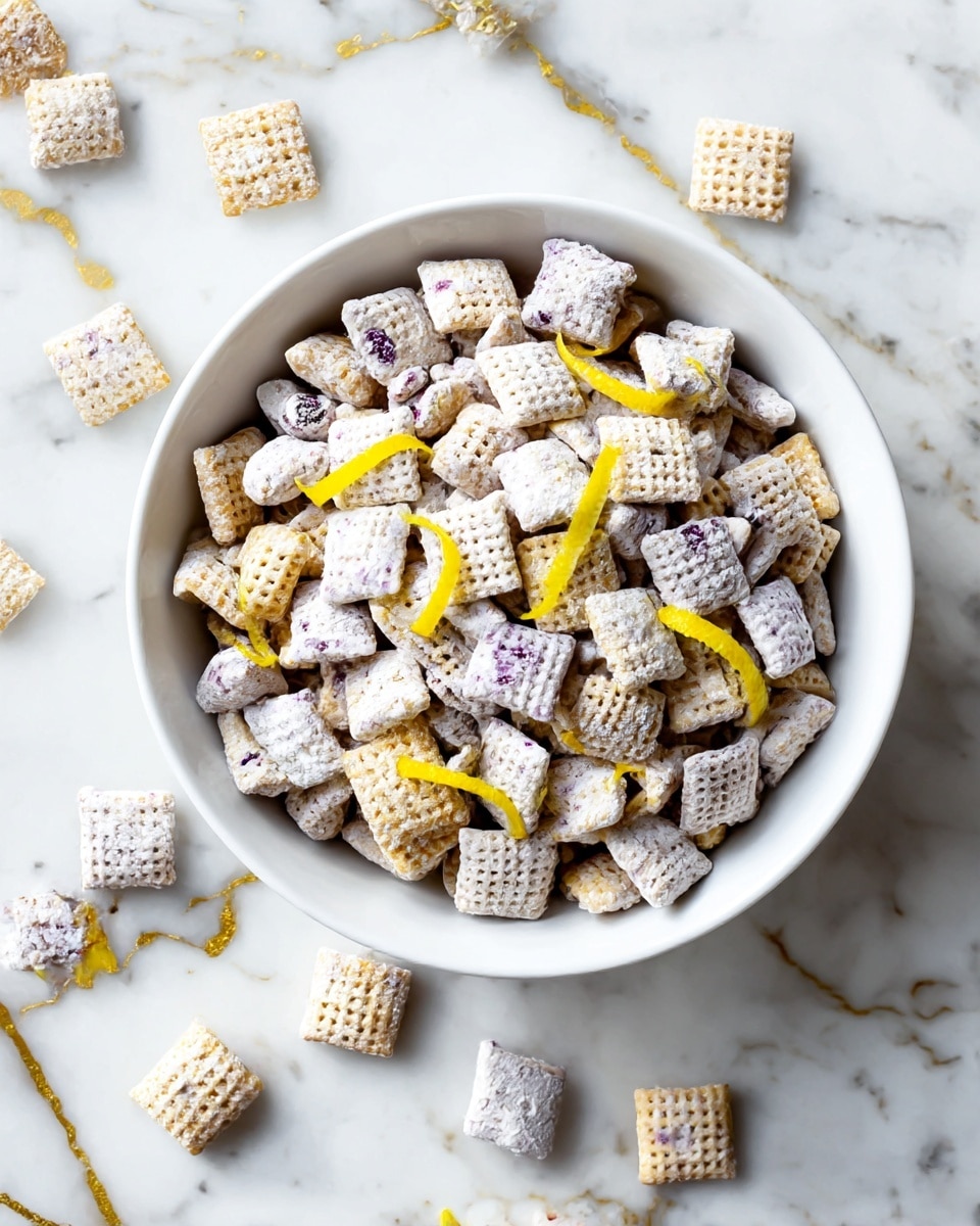 A white bowl is filled with small square cereal pieces in two types: pale beige with a waffle texture and white coated with powdered sugar and purple berry spots. Thin strips of bright yellow lemon peel are scattered on top of the cereal, adding a pop of color. Some cereal pieces are also placed outside the bowl on a white marbled surface with gold veining. The scene is bright and fresh, showing the crisp texture of the cereal and the contrast between the soft-looking powdered sugar and the crunchy waffle squares. photo taken with an iphone --ar 4:5 --v 7