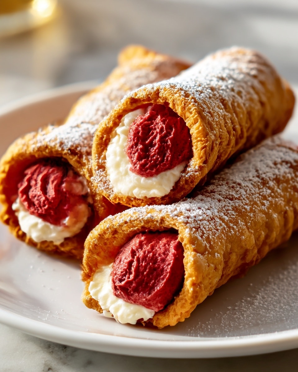 Three crispy golden-brown rolled shells are filled with a smooth, rich red cream. Each shell has a rough, flaky texture and is dusted with a light sprinkling of white powdered sugar around the open ends. The creamy red filling is dense with a slightly whipped texture, filling each shell fully and peeking out slightly. The rolls are arranged closely together on a white plate set on a white marbled surface, with a soft, warm light creating gentle highlights and shadows. photo taken with an iphone --ar 4:5 --v 7