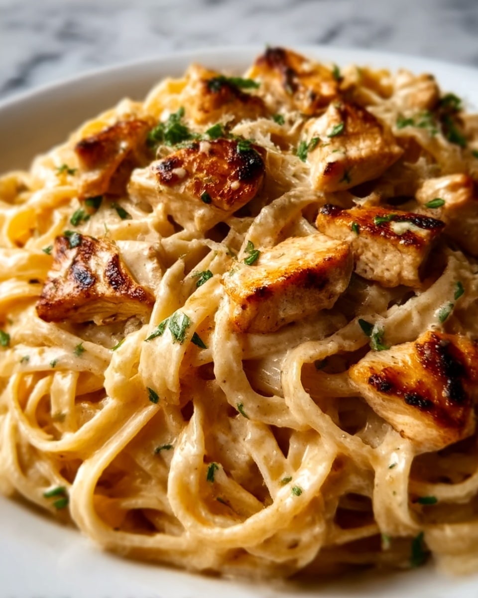 A close-up of a white plate filled with creamy fettuccine pasta topped with several pieces of grilled chicken. The pasta is light beige, covered in a thick, smooth cream sauce with a slightly orange tint. The grilled chicken pieces are golden brown with some charred marks and are scattered evenly on top. Small bits of green herbs are sprinkled over the dish, adding a fresh touch of color. The background is a white marbled texture. Photo taken with an iphone --ar 4:5 --v 7