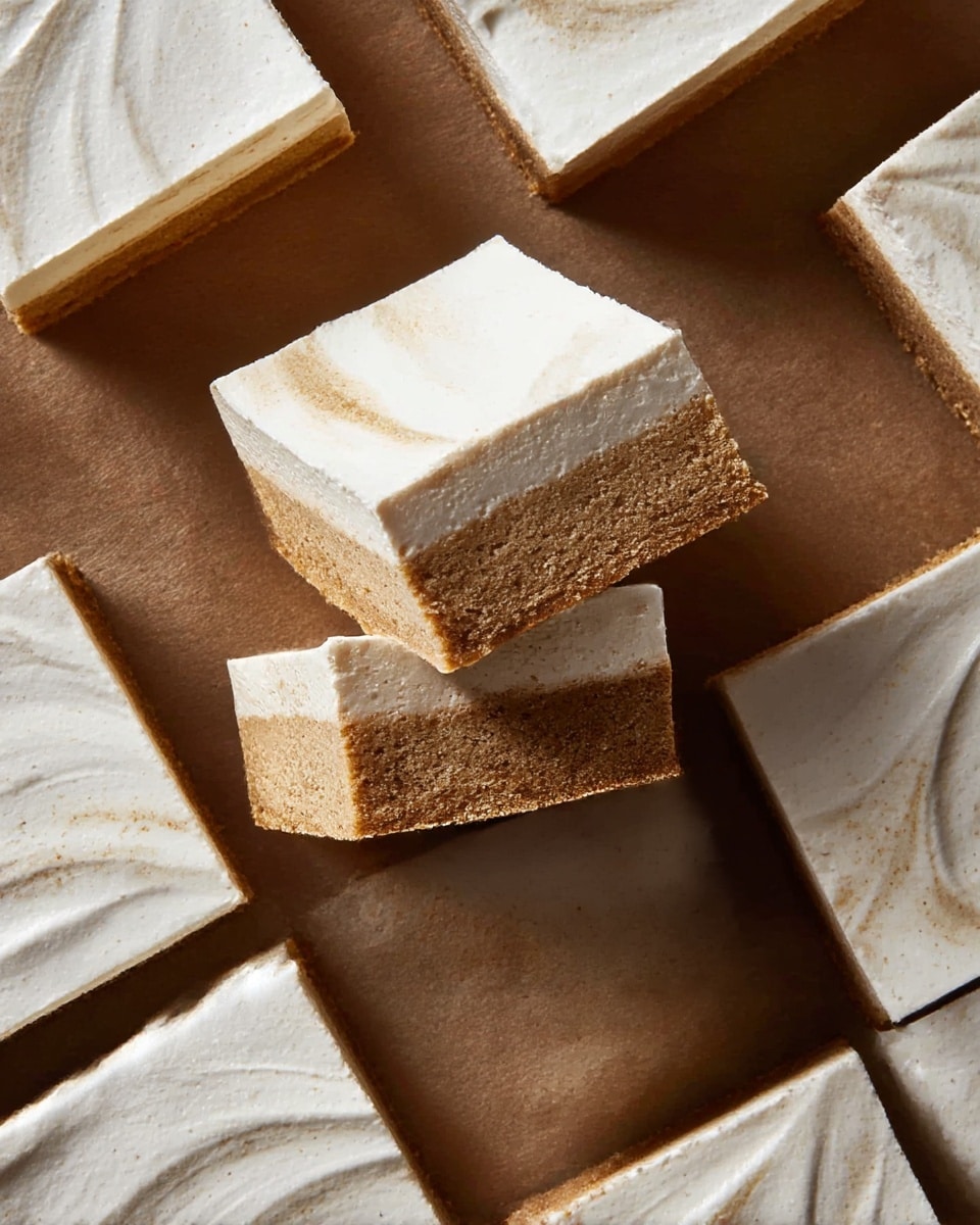 A close-up top view of a set of nine square pieces of dessert with two layers on a brown surface, each piece having a thick, dense, light brown bottom layer with a slightly crumbly texture, topped by a smooth, thick, creamy white layer with gentle swirled patterns. Two pieces are stacked slightly overlapping in the center, showing the layers clearly. The dessert has sharp edges and clean cuts, photo taken with an iphone --ar 4:5 --v 7