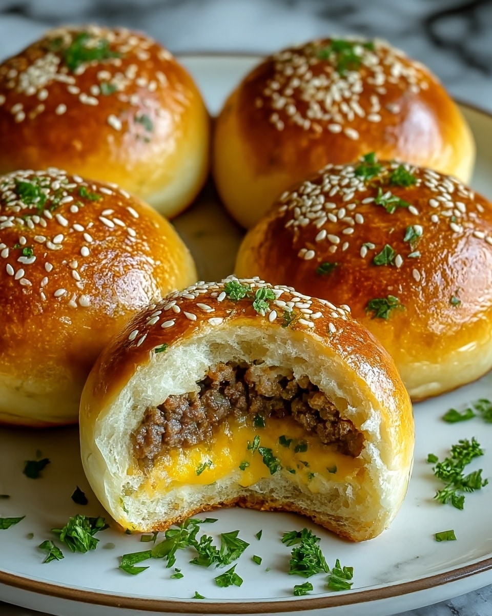 A white plate holds five round baked buns with a shiny golden-brown top, each sprinkled with white sesame seeds and chopped green herbs. One bun in the front is partially opened to show three layers inside: the top light brown baked dough layer, a melted yellow cheese layer beneath it, and a dark brown cooked ground meat layer at the center. Small green herbs also top the inside filling, and several herb pieces are scattered on the plate around the buns. The background is a white marbled texture. photo taken with an iphone --ar 4:5 --v 7