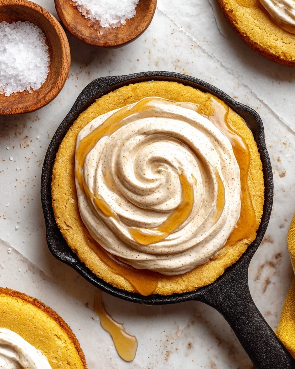 The image shows a single round cornbread cake in a small black cast iron pan, placed on white marbled textured paper. The cornbread has a golden-brown color with a slightly rough texture on the edges. On top, there is a smooth, thick layer of cinnamon-spiced whipped cream, swirled in a circular pattern. The cream is light beige with visible specks of cinnamon. A glossy amber-colored honey sauce is drizzled generously over the whipped cream, creating shiny, flowing streaks. Nearby, a small wooden bowl filled with coarse sea salt is visible on the upper left side, and part of another cornbread with cream and honey sits in the upper right corner. The surface underneath is white with a marbled texture. Photo taken with an iphone --ar 4:5 --v 7