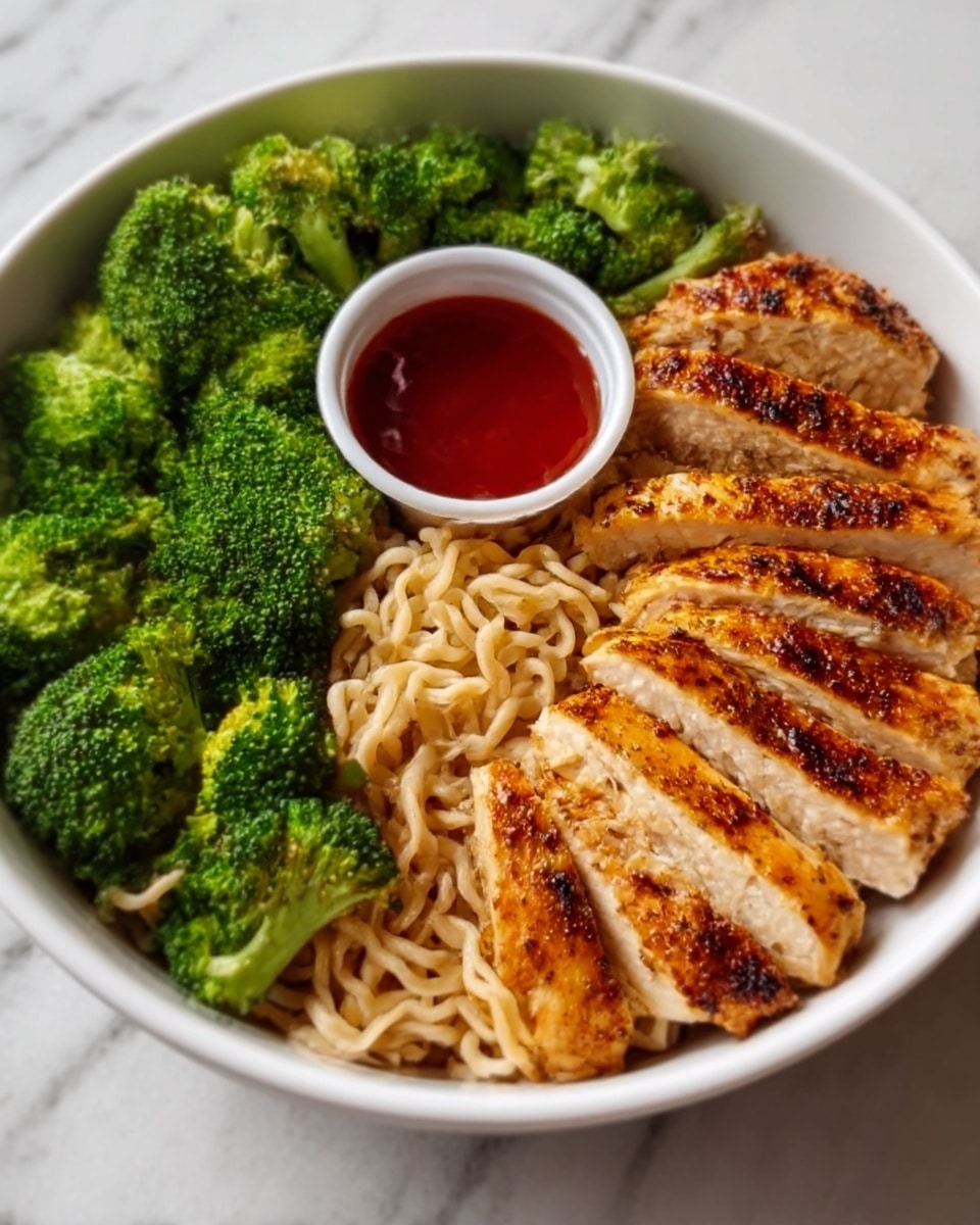 A white bowl filled with three main parts: on the right side, there are grilled chicken slices with a golden brown, slightly charred texture and visible grill marks; on the left side, there is a pile of steamed broccoli with a bright green color and slightly fluffy texture; below the broccoli, there is a serving of cooked noodles with a pale tan color and soft, twisted strands; a small white round cup of red sauce sits at the top center of the bowl. The bowl is placed on a white marbled surface. Photo taken with an iphone --ar 4:5 --v 7