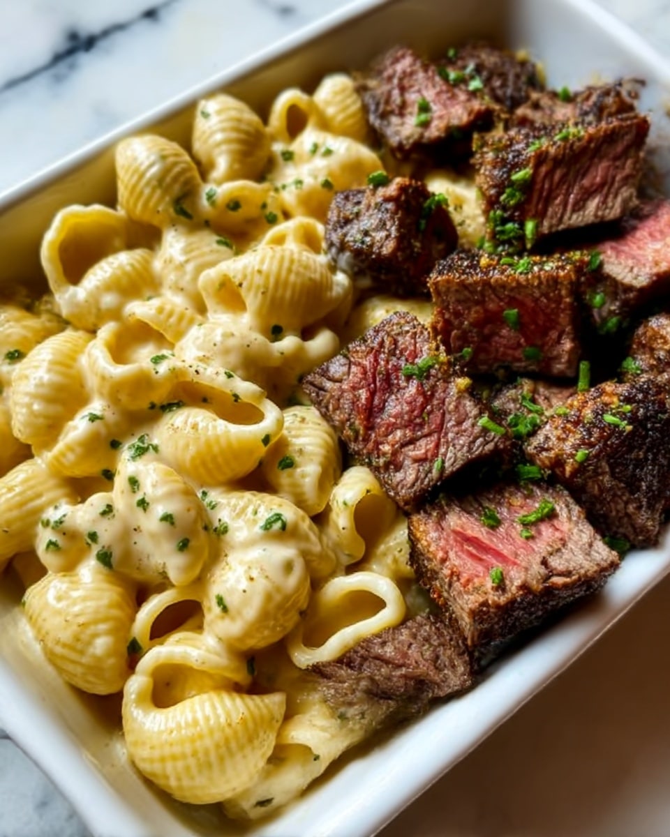 A close-up image of a white rectangular dish filled with two main layers: on the left side, there is a creamy macaroni and cheese pasta with shell-shaped noodles, coated in a smooth, yellow cheese sauce with small green herb sprinkles on top; on the right side, there are bite-sized pieces of grilled steak, medium-rare, with a dark brown crust and a slightly pink center, also garnished with finely chopped green herbs. The dish sits on a white marbled surface. photo taken with an iphone --ar 4:5 --v 7