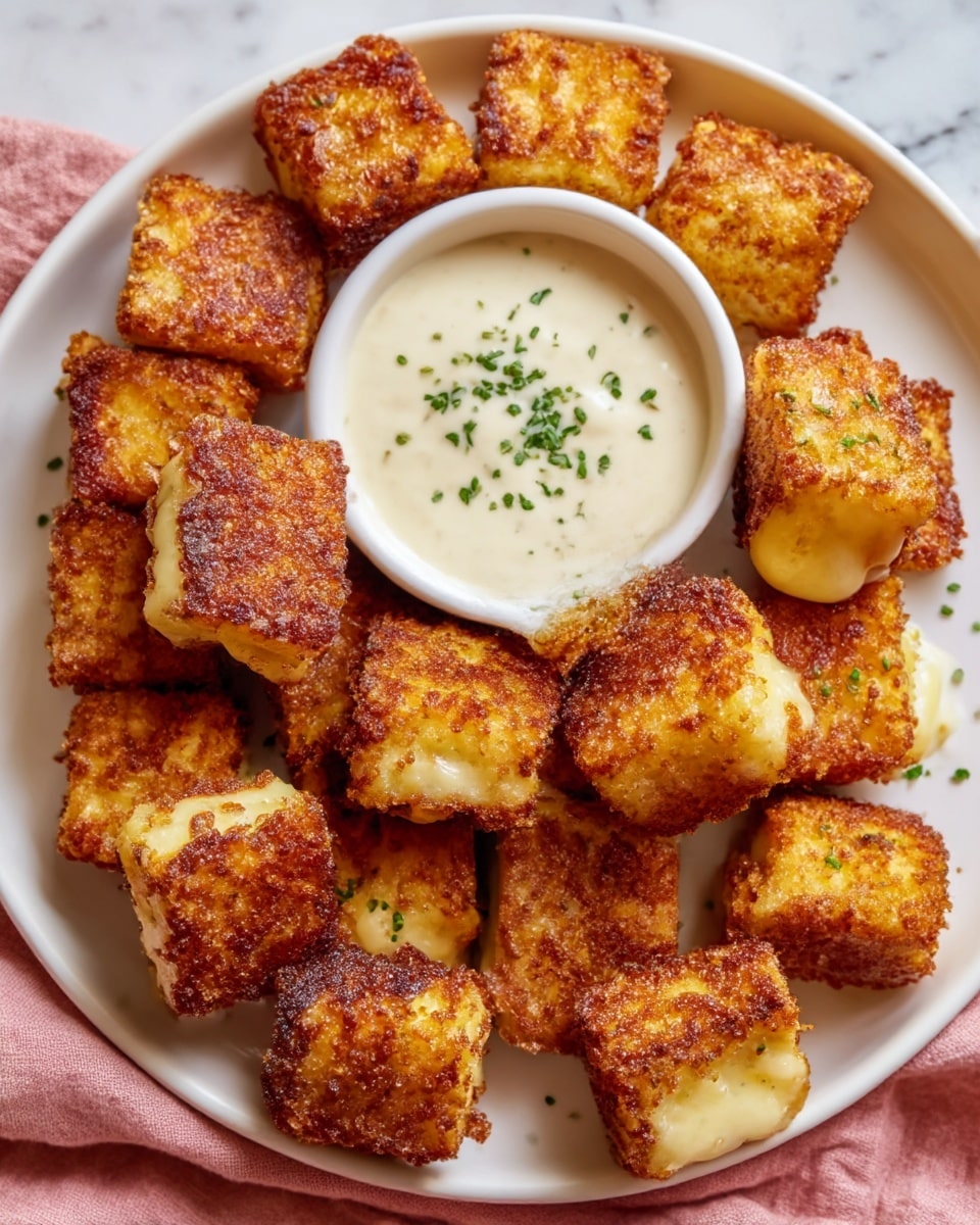 A white plate filled with about a dozen square, golden-brown crispy fried cheese bites arranged in a circular pattern. Each bite shows a textured, crunchy outer layer with some melted cheese visible inside the pieces. In the middle, there is a small white bowl filled with smooth, creamy white dipping sauce, topped with small green herb bits. The plate sits on a white marbled surface with a soft pink cloth partially under the plate. Photo taken with an iphone --ar 4:5 --v 7
