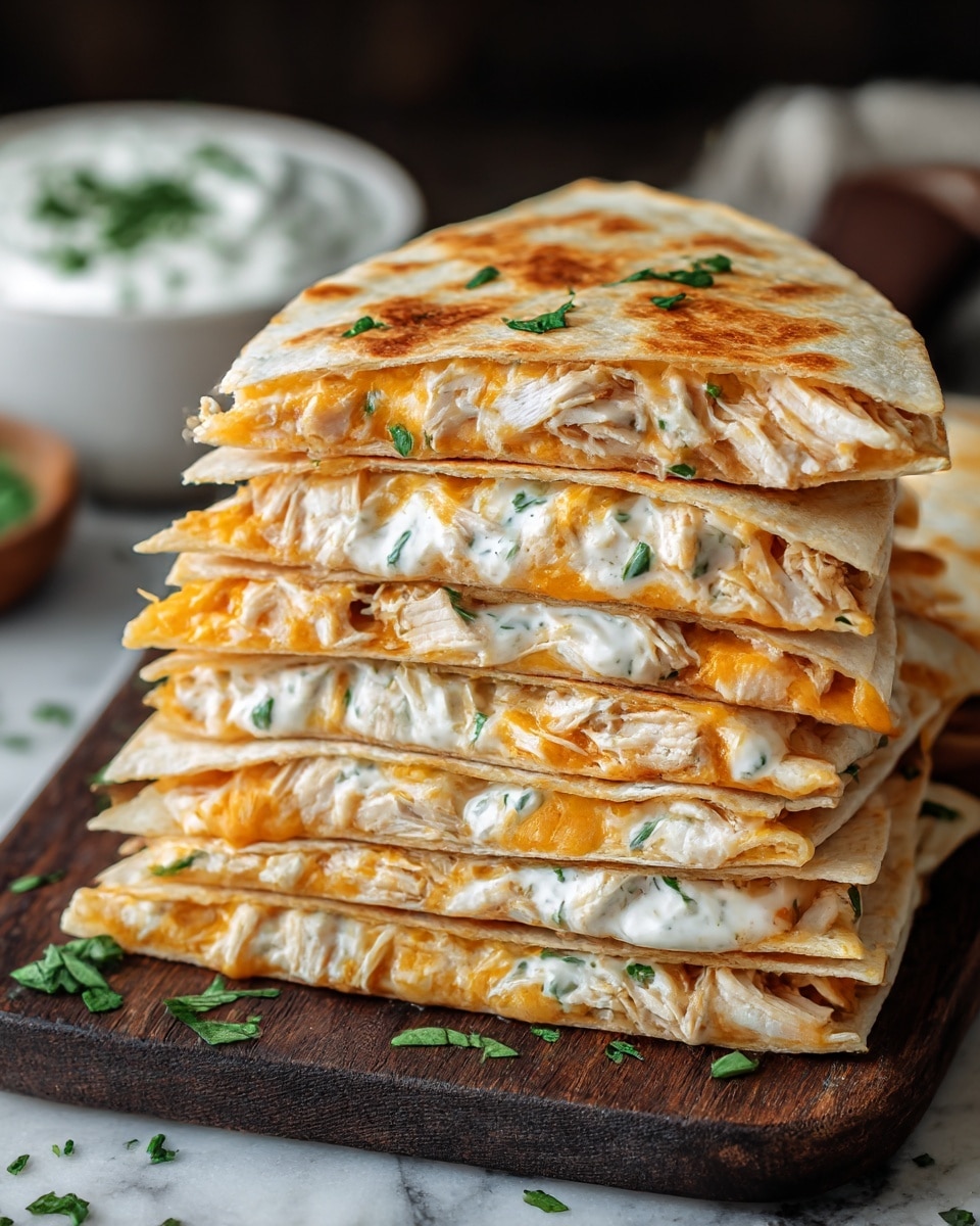 A tall stack of eight triangular quesadilla slices sits on a dark wooden board over a white marbled surface. Each quesadilla slice shows three layers: a golden browned tortilla on the top and bottom, and a filling in between mixed with melted orange cheese, white creamy sauce with green herbs, and shredded light brown chicken. Small green herb pieces are sprinkled on top of the tortillas and on the board. In the background, a white bowl with white creamy dip and green herbs is slightly blurred. Photo taken with an iphone --ar 4:5 --v 7