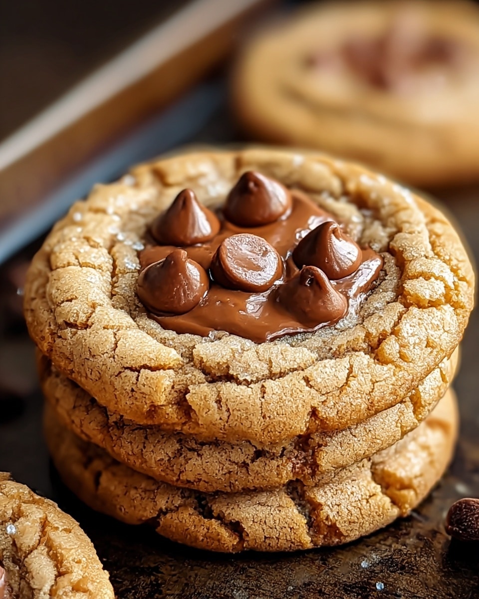Two thick, round cookies stacked on a dark baking tray with a white marbled surface underneath. The cookies have a golden-brown, cracked outer layer that looks soft and chewy. The top cookie features a glossy center filled with melted chocolate chips that are shiny and smooth, adding a rich texture contrast. The background is softly blurred showing more cookies. Photo taken with an iphone --ar 4:5 --v 7