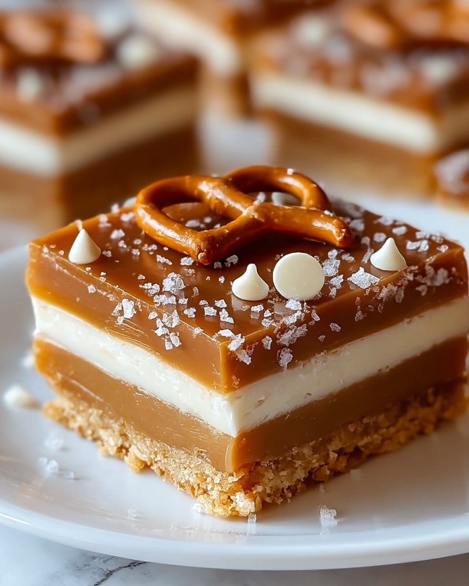 A square layered dessert sits on a white plate on a white marbled texture. The bottom layer is a crumbly, golden-brown crust, topped by a smooth, thick layer of caramel brown filling. Above that is a white creamy layer sandwiched between another crumbly golden-brown layer. The top layer is a shiny, rich caramel brown with a mini pretzel placed in the center. The caramel topping is sprinkled with coarse white sea salt crystals and small creamy white chips, giving a textured and glossy finish. The image shows a close-up with a blurred background of similar desserts photo taken with an iphone --ar 4:5 --v 7