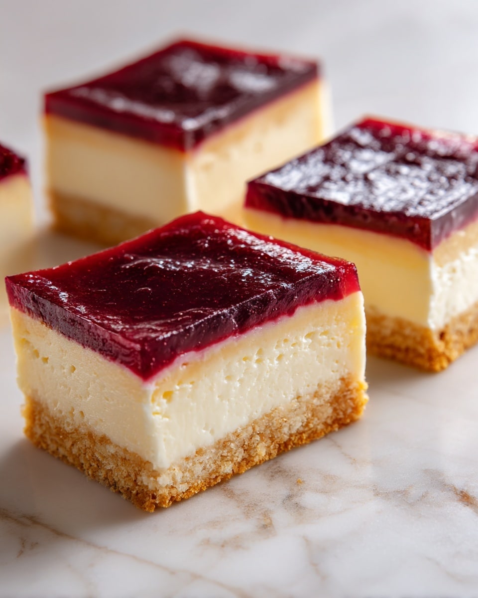 Three square slices of cheesecake are placed side by side on a white marbled surface. Each slice has three clear layers: a thick bottom crust that is crumbly and golden brown, a creamy light beige middle layer that looks smooth and dense, and a glossy deep reddish-purple top layer that appears jelly-like and shiny. The edges of the crust stand up slightly above the middle layer, forming a well-defined border around the creamy center and the shiny top layer. Photo taken with an iphone --ar 4:5 --v 7