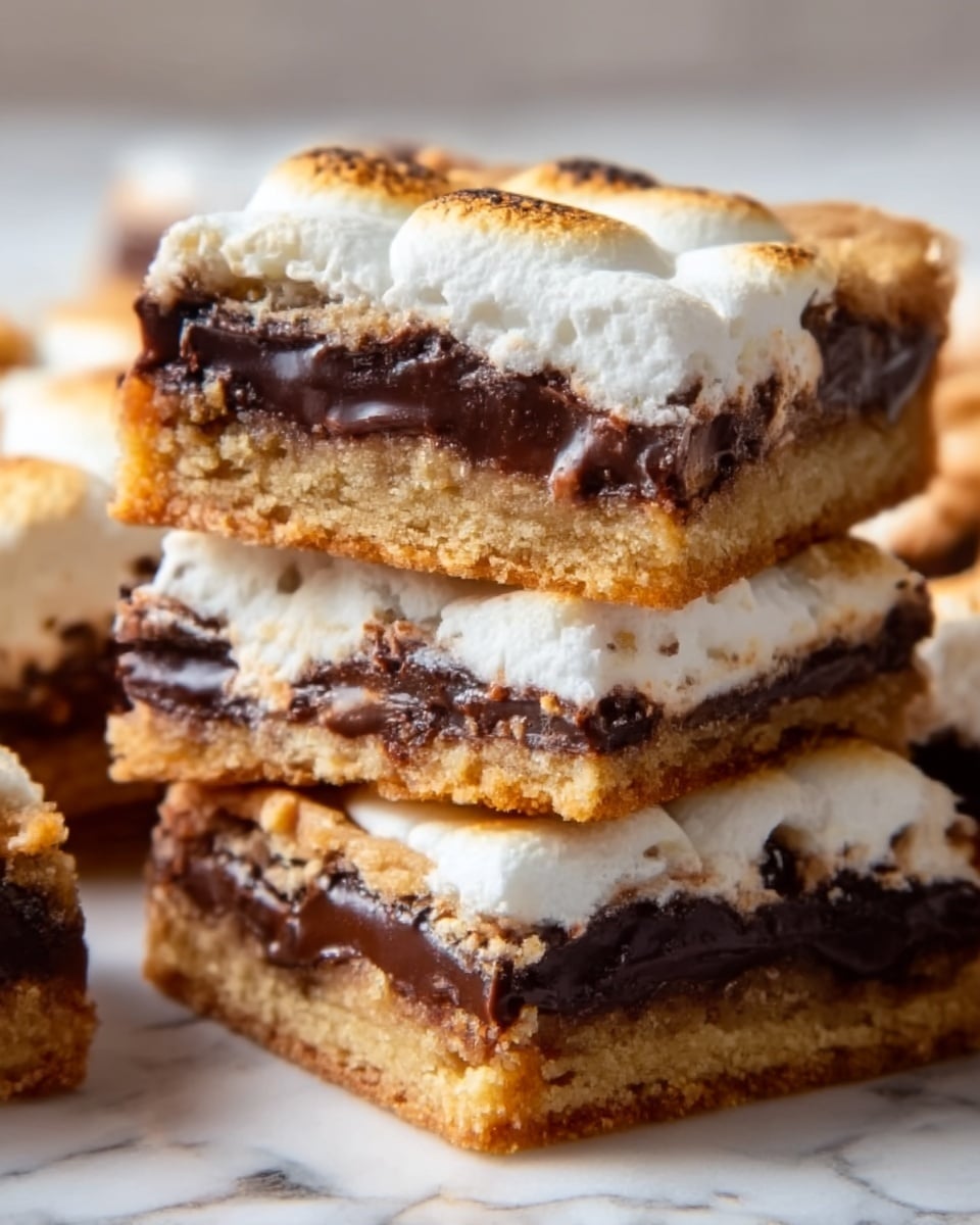 The image shows a close-up of stacked dessert bars with three clear layers. The bottom layer is golden and crumbly, looking like a soft cookie base. The middle layer is thick, dark, and smooth, made of melted chocolate. The top layer is white and fluffy, with slightly browned spots, made of toasted marshmallows. The bars have a rough, crumbly edge and a soft, gooey inside. They are placed on a white marbled surface. Photo taken with an iphone --ar 4:5 --v 7