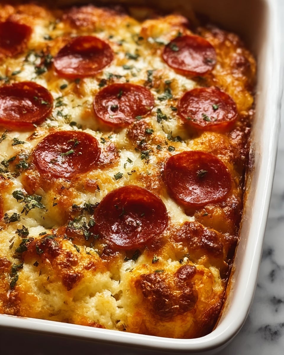 The image shows a close-up of a baked dish in a white rectangular baking pan with a golden-brown, bubbly cheese crust on top. The top layer has scattered round slices of pepperoni with a reddish color and a shiny texture. Below the pepperoni, melted cheese is browned and slightly crispy with some herbs sprinkled on it, adding green specks. The bottom layer appears soft and fluffy, likely dough or biscuit-like, giving the dish a thick layered look. The pan rests on a white marbled surface. photo taken with an iphone --ar 4:5 --v 7