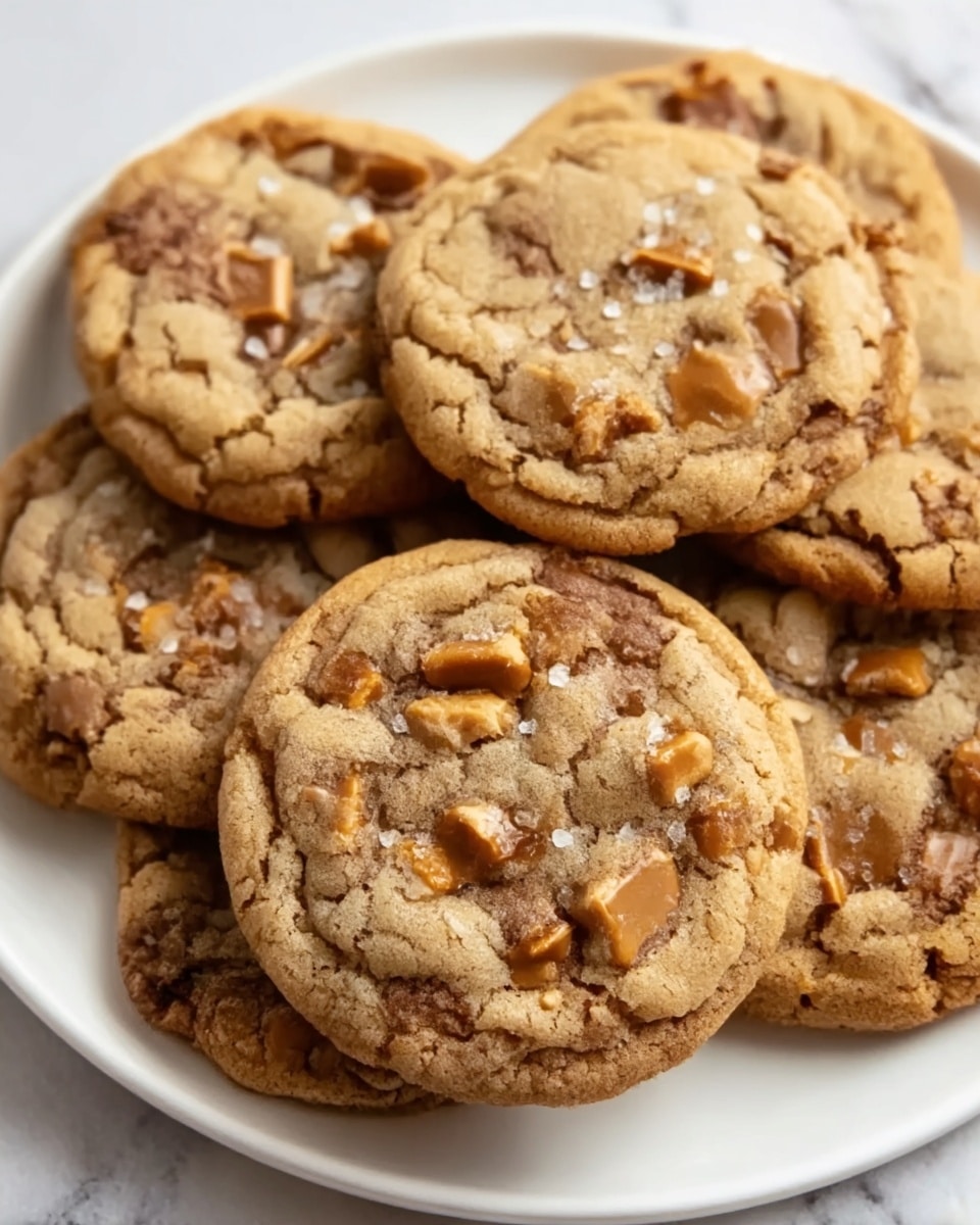 The image shows several soft cookies placed closely together on a white plate, resting on a white marbled surface. Each cookie has a slightly cracked top with visible chunks of caramel or toffee and small bits of pretzel scattered throughout. The cookies have a golden brown color with some darker spots where the caramel has melted, giving a chewy and gooey texture. The overall look is warm, inviting, and homemade. photo taken with an iphone --ar 4:5 --v 7